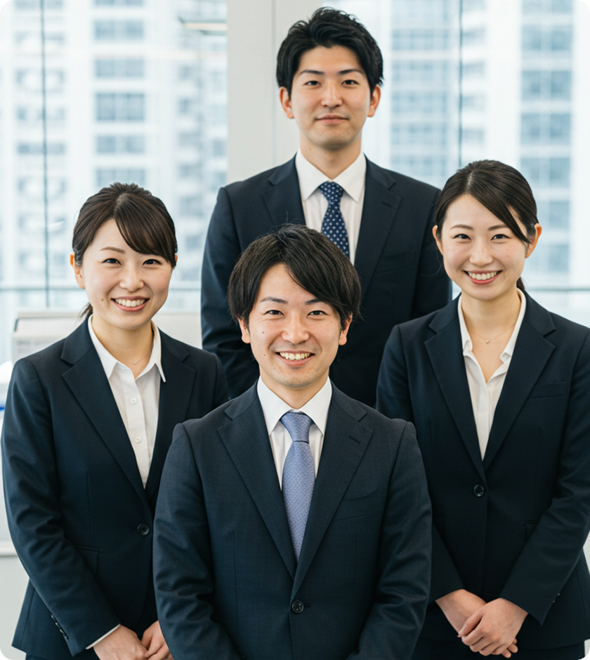 男女4人の社員が笑顔でこちらを見ている様子