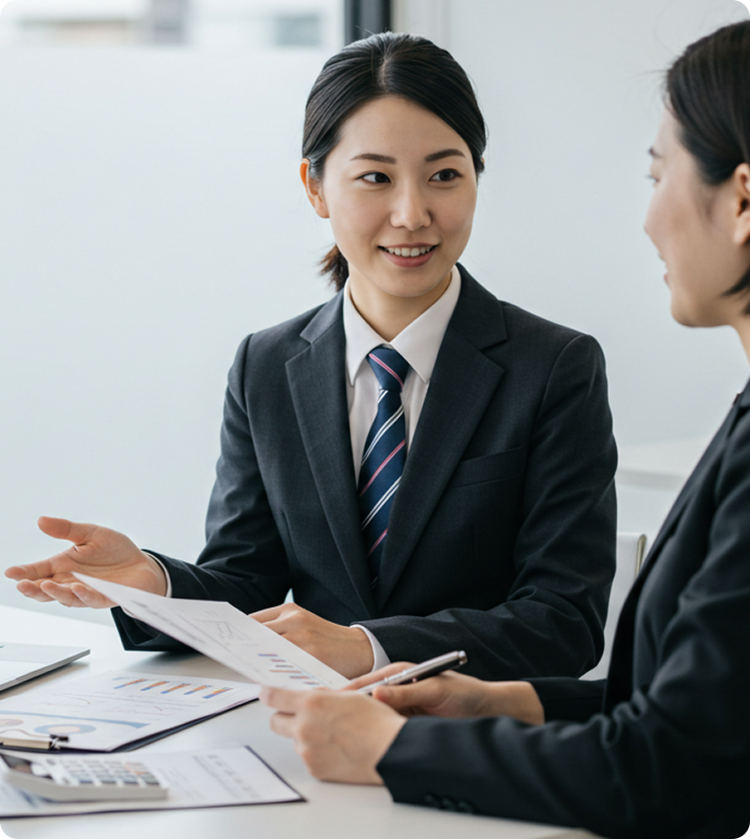 女性が資料を説明している様子